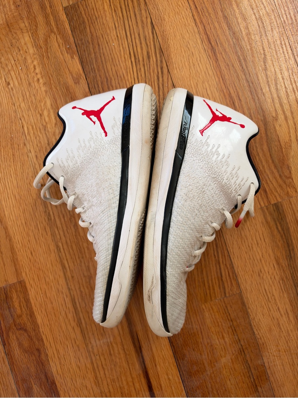 Jordan Men’s White and Red Flyknit Athletic Shoes